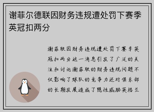 谢菲尔德联因财务违规遭处罚下赛季英冠扣两分